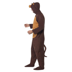 Monkey costume in dark brown with tan tummy, low crotch, zips at front with hood.