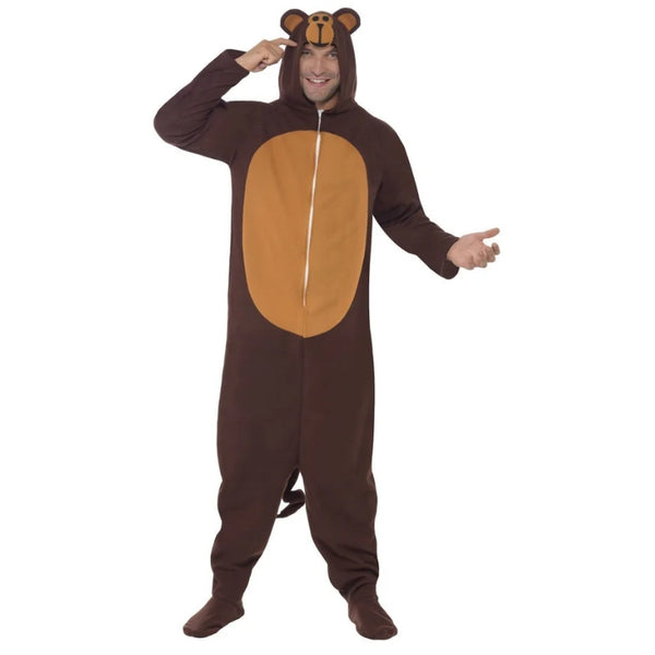 Monkey costume in dark brown with tan tummy, low crotch, zips at front with hood.