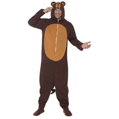 Monkey costume in dark brown with tan tummy, low crotch, zips at front with hood.