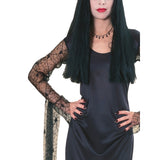 Close up of Morticia Addams costume showing spiderweb look lace sleeve and draping lace panel