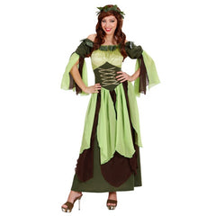 Mother Nature costume with long green dress and leaf headpiece, medieval fairy style