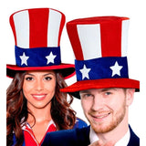 Couple wearing tall American top hat stars and stripes costume accessory