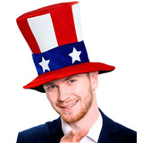 Man wearing a patriotic top hat with red, white, and blue colors on a white background