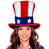 Woman wearing a patriotic top hat with red, white, and blue colors on a white background