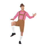Mr Bavarian Costume, brown lederhosen with braid trim and red check shirt.
