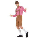 Mr Bavarian Costume, brown lederhosen with braid trim and red check shirt.
