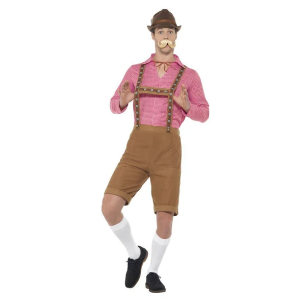 Mr Bavarian Costume – Brown lederhosen with red check shirt