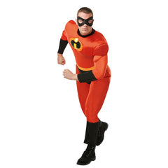 Mr Incredible men’s costume with muscle chest jumpsuit and black eye mask from Incredibles 2