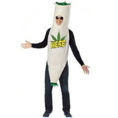Front view of Mr Marijuana novelty tunic costume with green leaf trim – humorous adult party outfit.