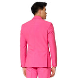Person wearing a bright pink suit on a white background