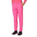 Bright pink dress pants worn with a matching shirt on a white background