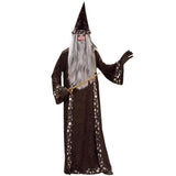 mr wizard medieval robe and hat in black velveteen with silver stars and moon contrasting trim.