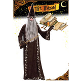 Mr wizard medieval robe and hat, black velveteen with stars and moons printed trim.