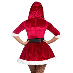 Mrs Claus costume with fur trim and hood available for hire in Brisbane