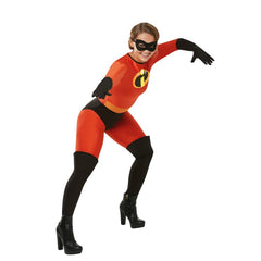 Mrs Incredible adult costume with red jumpsuit, gloves, and eye mask