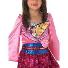 Mulan Shimmer Deluxe Child Costume, dress with cross over bodice and asian glitter print on skirt, shimmer and satin mulan print on bodice and mock belt in satin plus tiara.