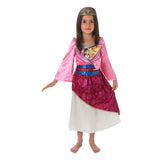 Mulan Shimmer Deluxe Child Costume, dress with cross over bodice and asian glitter print on skirt, shimmer and satin mulan print on bodice and mock belt in satin plus tiara.