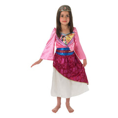 Mulan Shimmer Deluxe Child Costume, dress with cross over bodice and asian glitter print on skirt, shimmer and satin mulan print on bodice and mock belt in satin plus tiara.