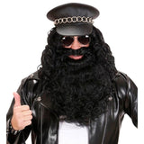 Black Multicharacter Beard and Wig Set with long curly hair and moustache