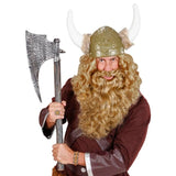 A man wearing a Viking costume with a blonde wig, beard, horned helmet, and brown tunic, holding a large toy axe against a white background.