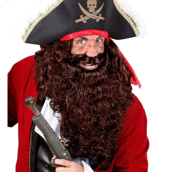 Brown Multicharacter Beard and Wig Set with long curly hair and moustache