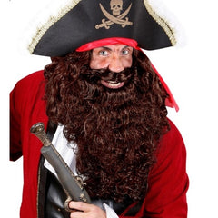 Brown Multicharacter Beard and Wig Set with long curly hair and moustache