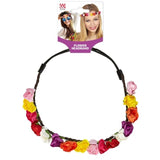 Colorful flower headband with packaging featuring a model wearing it on a white background