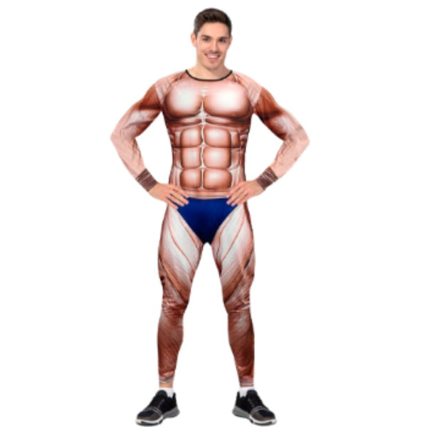 Muscle Body Builder Men’s Bodysuit with printed six-pack, muscles, and budgie smugglers – novelty fancy dress costume