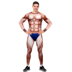Muscle Body Builder Men’s Bodysuit with printed six-pack, muscles, and budgie smugglers – novelty fancy dress costume