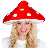 Woman wearing novelty mushroom hat