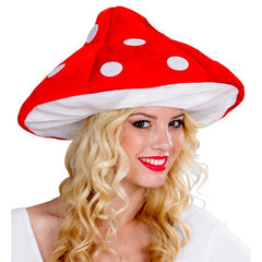 Red and white novelty mushroom hat, polyester cartoon-style costume accessory for adults.