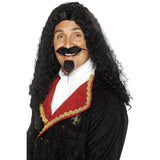Musketeer wig, long black and frizzy.
