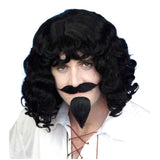 Black musketeer wig, moustache, and beard set with shoulder-length curls and adhesive tape for costume use.