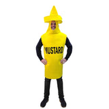Mustard bottle adult costume, yellow tunic with attached hood that is the cap.