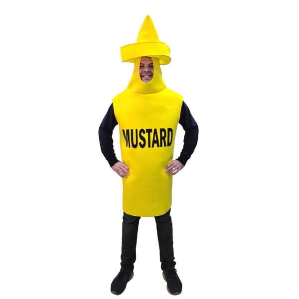Mustard bottle adult costume, yellow tunic with attached hood that is the cap.