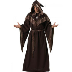 Mystic Sorcerer costume hire with brown robe, flowing sleeves and hooded mini cape