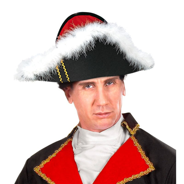 Black Napoleon felt hat with gold braid and marabou trim for French theme parties