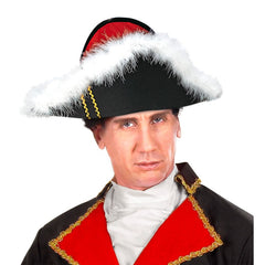 Black Napoleon felt hat with gold braid and marabou trim for French theme parties