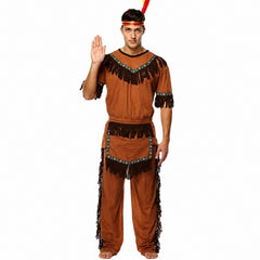 Man wearing a Native American Brave Costume with fringed shirt, trousers, apron and feathered headpiece