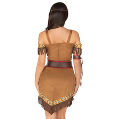 Native American Princess - Hire, brown suede dress with fringing and braid, hire includes, dress, belt, arm band, and headdress.