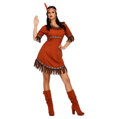 Adult Native American woman costume with fringe dress and feather headdress