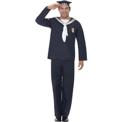 Front view of adult Naval Seaman costume featuring navy top with sailor collar, chest badges, matching navy pants, and a  Navy cap with "H.M.S." text.