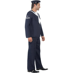 Front view of adult Naval Seaman costume featuring navy top with sailor collar, chest badges, matching navy pants, and a  Navy cap with "H.M.S." text.