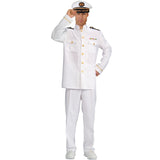 Navy captain cruise adult costume, white jacket with gold buttons, epalets and emb medals, plus trousers.