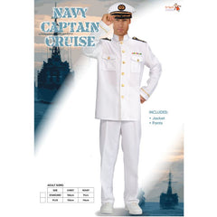 Adult Navy Captain Cruise costume in white with gold trim – jacket and trousers by Dr Toms