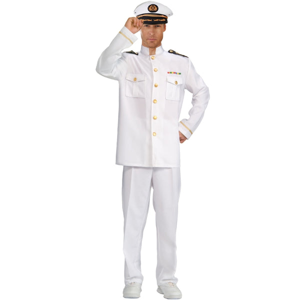 Adult Navy Captain Cruise costume in white with gold trim – jacket and trousers by Dr Toms