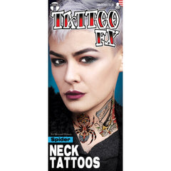 Neck Tattoo Spider, colourful spider, with beer bottle and rose.