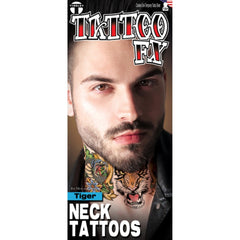 Neck Tattoo Tiger, temporary, colourful tiger and snake with leaves and flowers.
