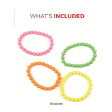 Four colorful bracelets on a white background with text indicating included items.