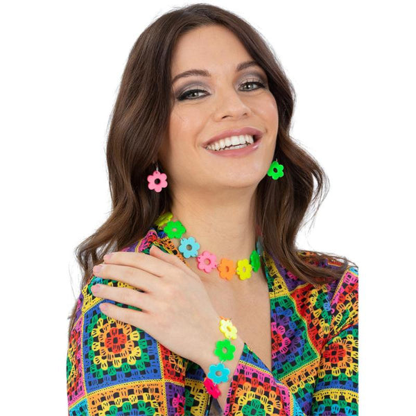 Neon 1960s flower power jewellery set with earrings, necklace and bracelet